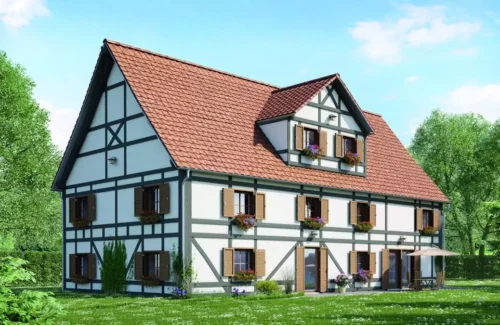 Landhaus im Grünen mit holzfarbenen Klappläden