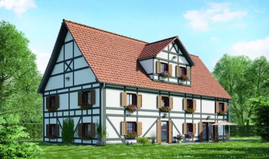 Landhaus im Grünen mit holzfarbenen Klappläden